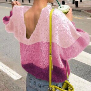 Multicolor Loose Fit Women's Color Block Backless Cropped Sweater